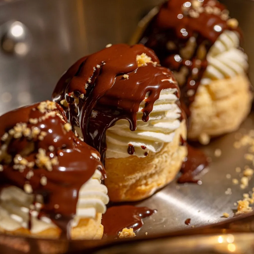 Profiteroles nappées de sauce chocolat chaude et crème fouettée, dessert Lily Billy Marrakech