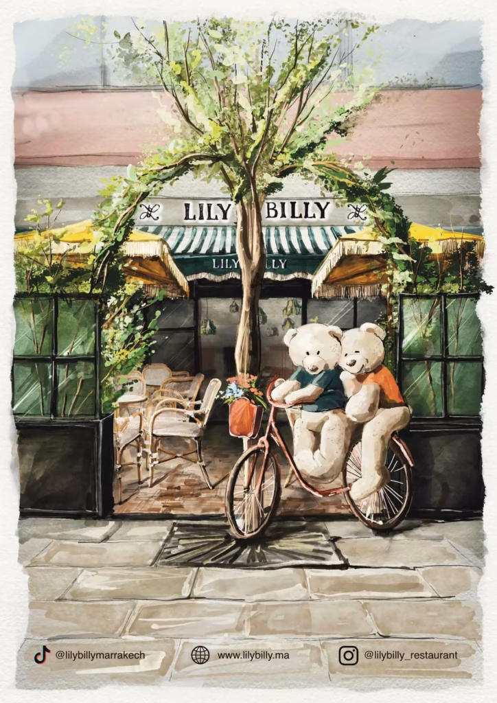 Illustration of the Lily Billy cafe storefront in Gueliz, Marrakech, with teddy bears on a bicycle