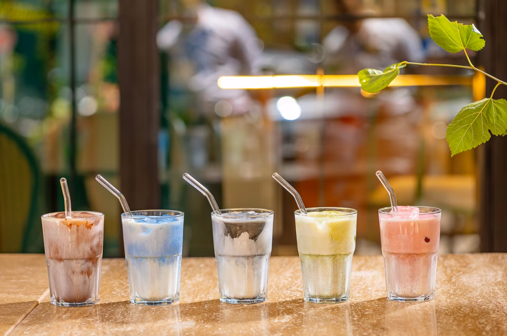 Five iced drinks lined up along the counter at Lily Billy, Marrakech